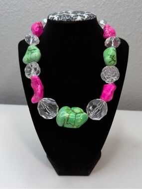 Vtg Chunky Statement Necklace Pink Green Howlite Stone Clear Acrylic Glass Beads